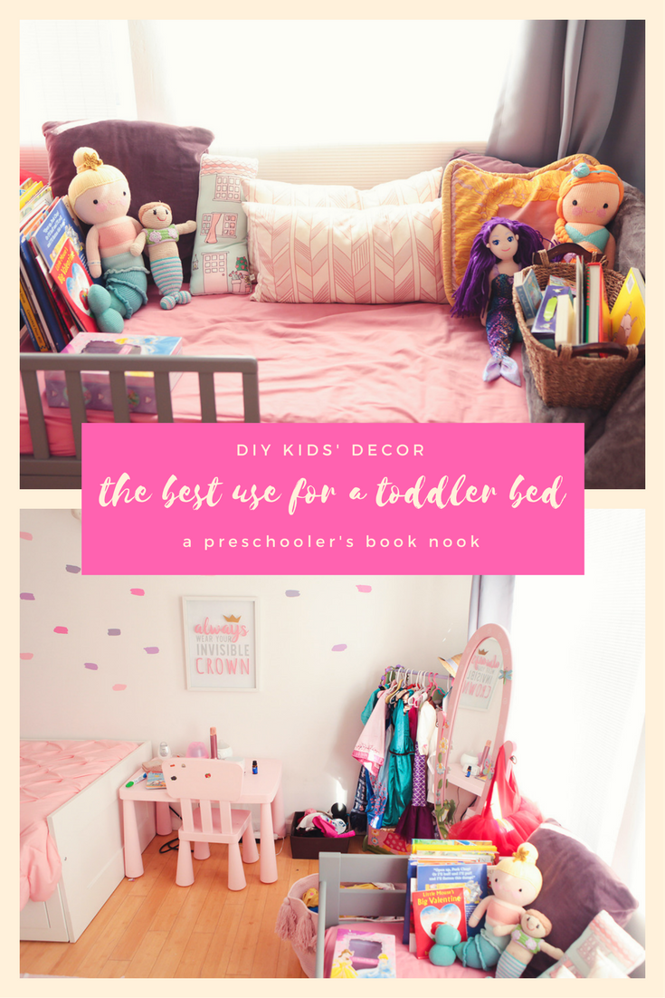 Life Hack: use that old toddler bed as a book nook for your preschooler, it's the perfect way to encourage independent reading and reuse old furniture!