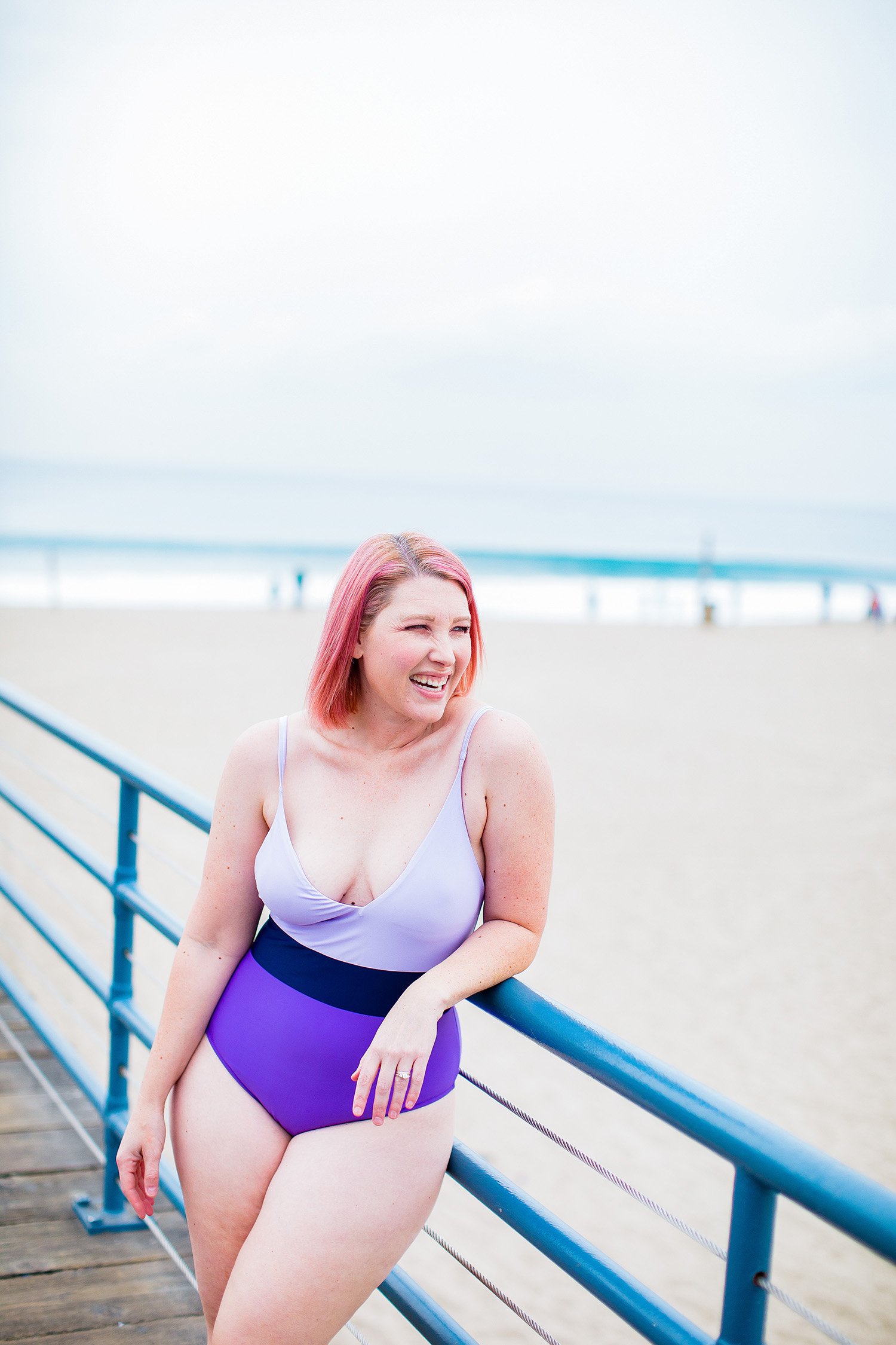 Purple Bathing Suit: Color blocked suits that flatter a pear shaped body