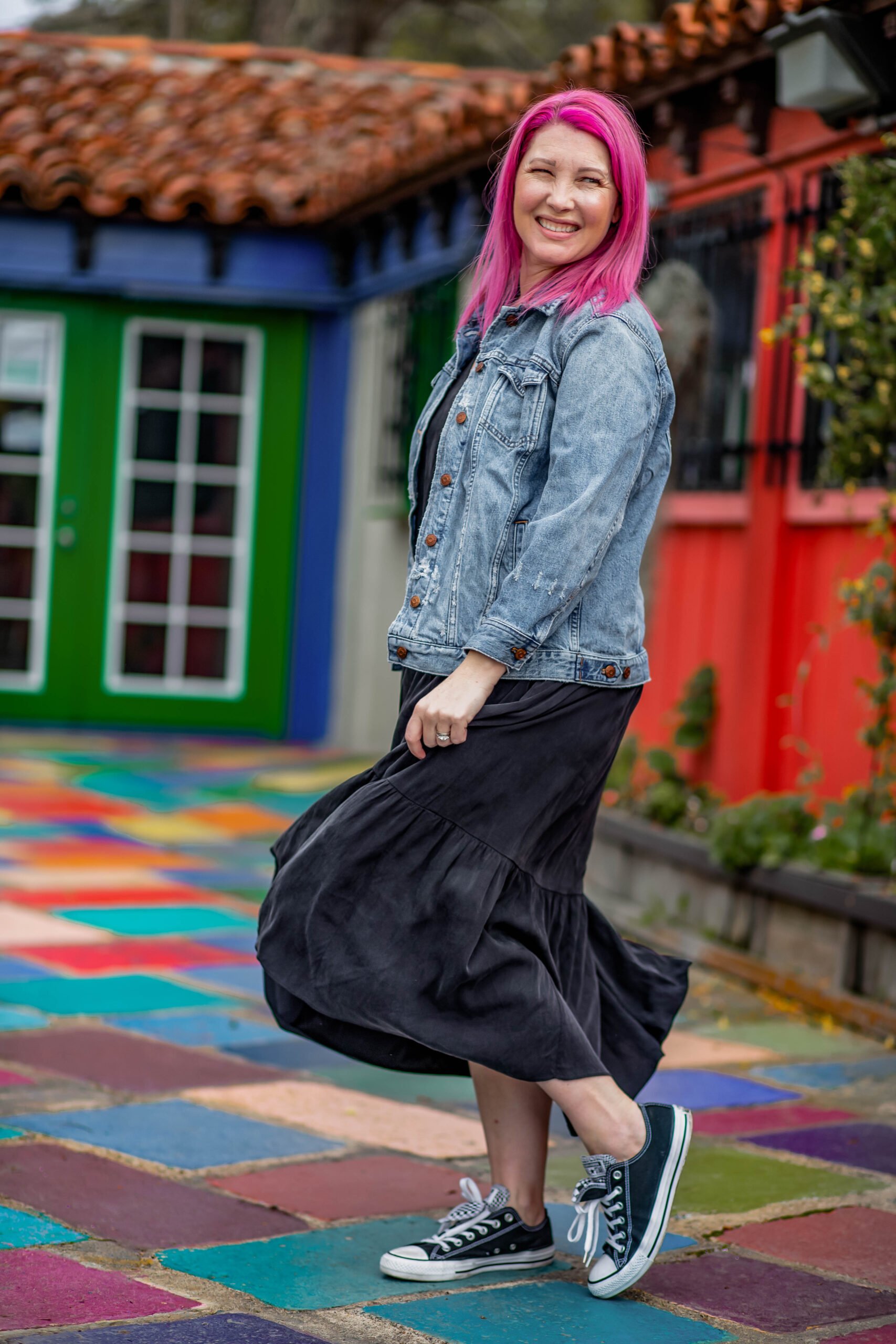 Denim dress with leather trousers - Nancys Fashion Style