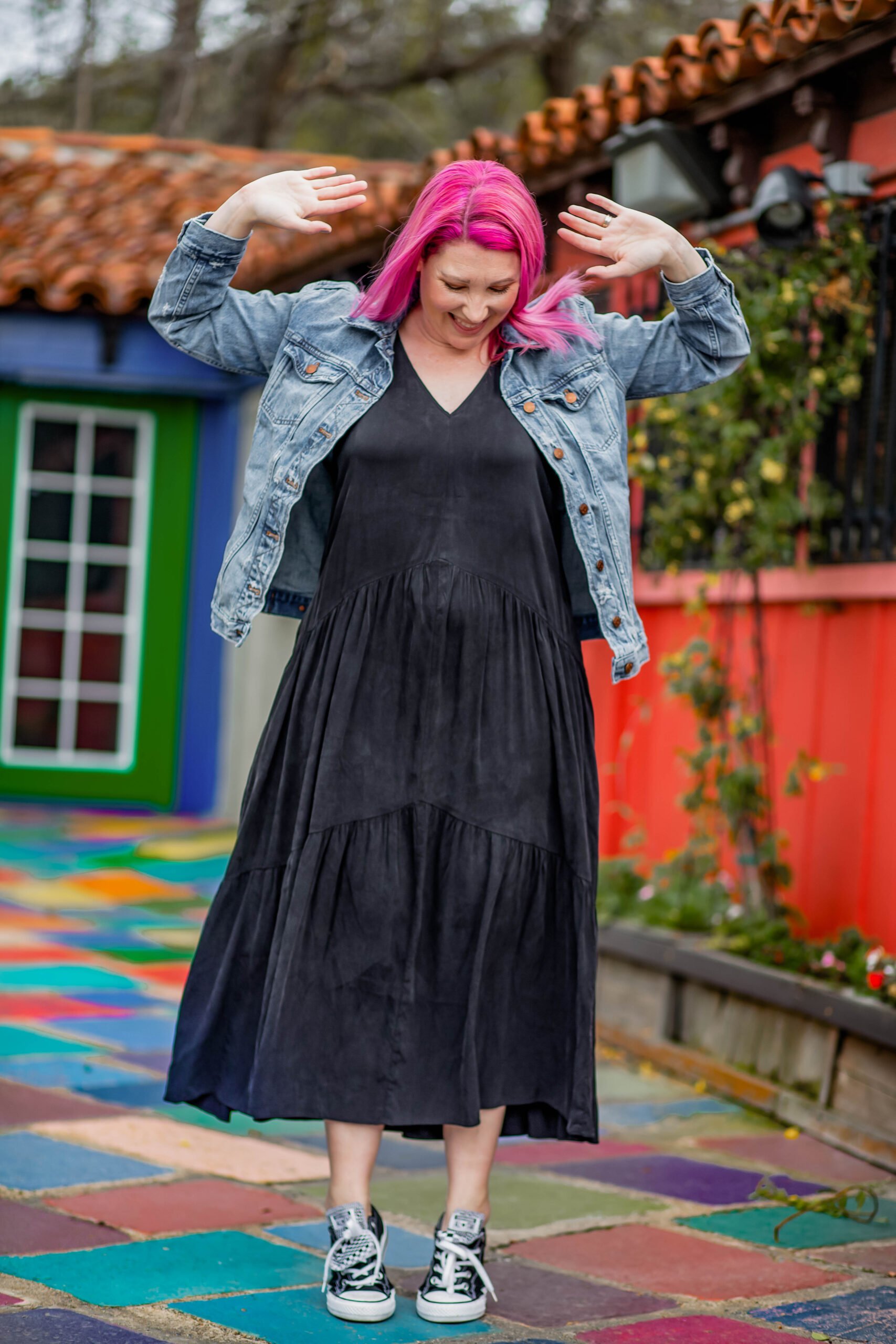 Long black dress deals with sneakers