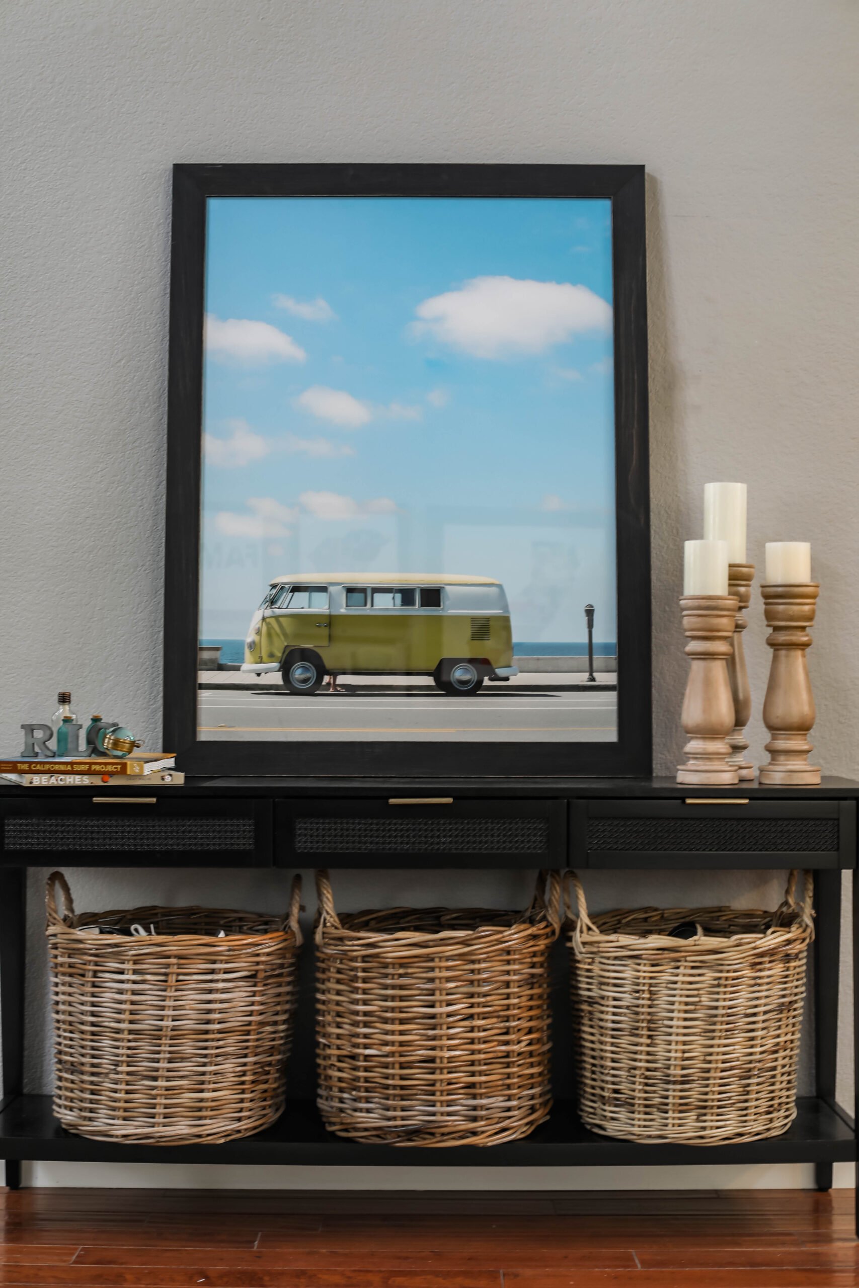 On the hunt for console table decor ideas? This is our beach themed foyer table decor!