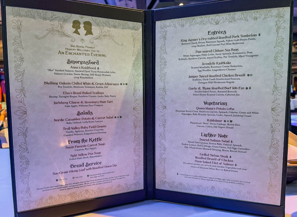 Dining on the Disney Wish? This is the dinner menu for the Arendelle dining night!